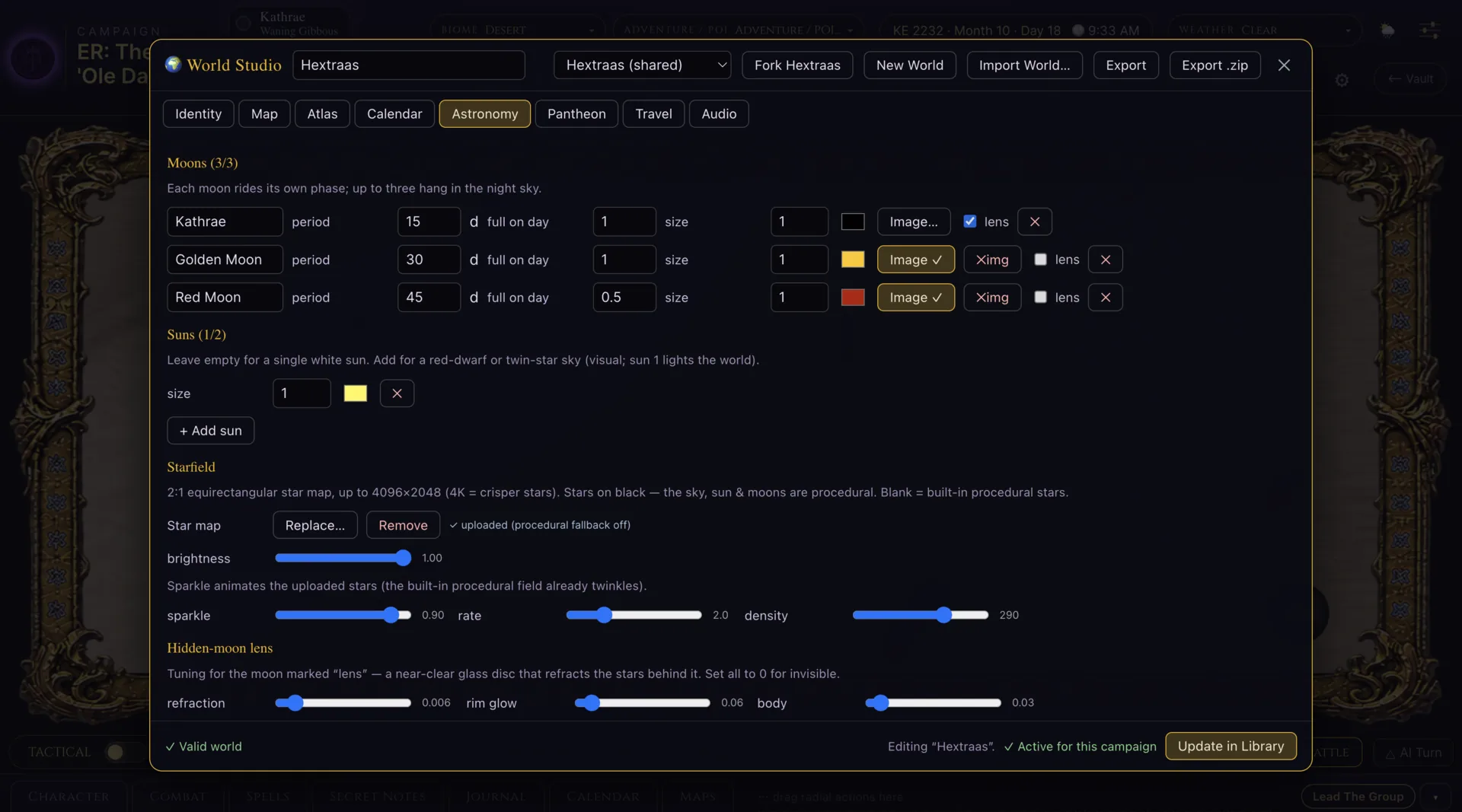 Elder Realm World Studio astronomy view for Hextraas and its three moons