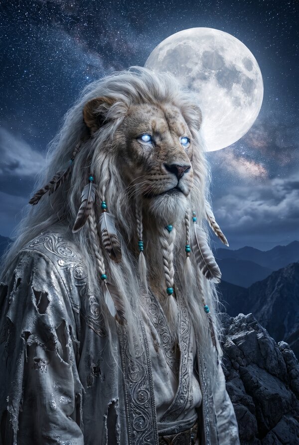 Lion Beastman shaman beneath the moon